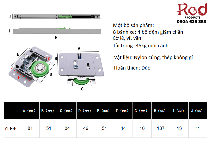 Chi thiết thông số cho bộ bánh xe trượt cho 45 KG