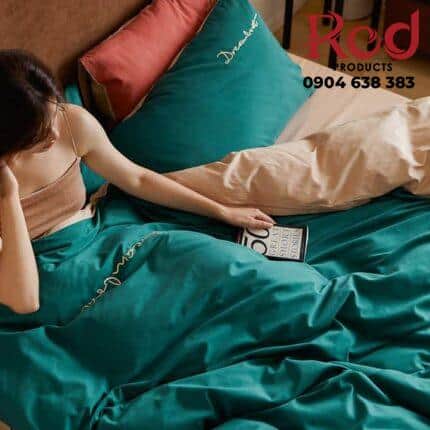 Bộ chăn ga giường cotton màu trơn thêu chữ MM3806