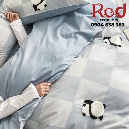 Bộ chăn ga giường gấu Panda kẻ caro MM3540