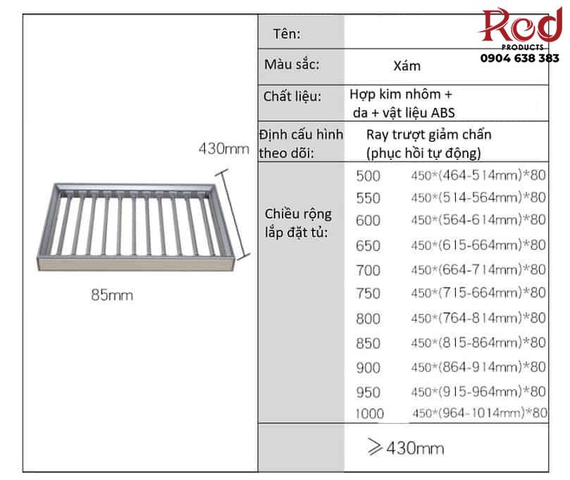 Bộ giá treo tủ quần áo ray giảm chấn màu xám RB3674A 14