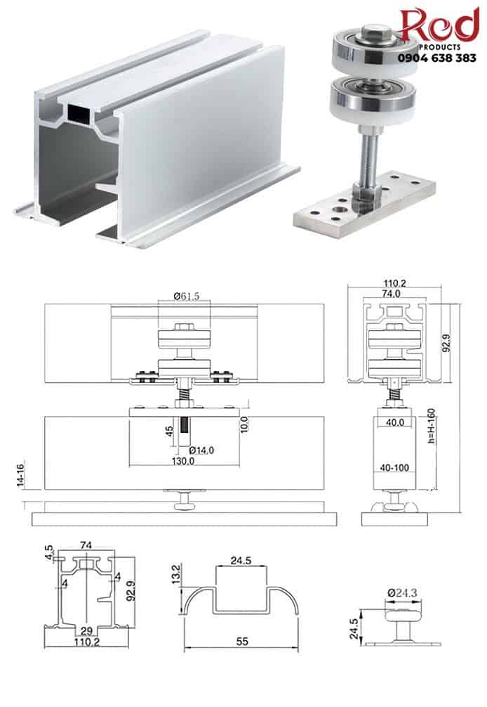 Bộ ray trượt cửa lùa giảm chấn tải trọng 150kg DLV041 7