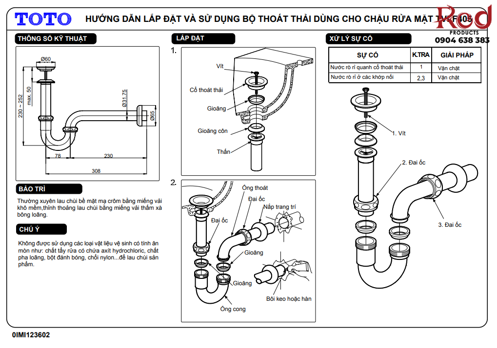 Cổ thoát vòi nước kèm ống thải chữ P TOTO TVLF405 2