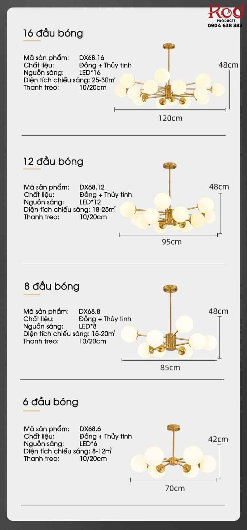 Đèn thả trần bằng đồng chùm bóng tròn DX68 15