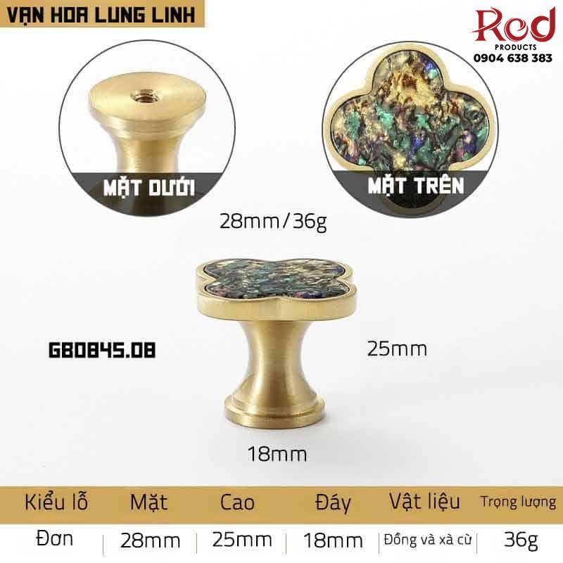 Núm tay nắm tủ cỏ bốn lá đồng khảm trai GS0845 26