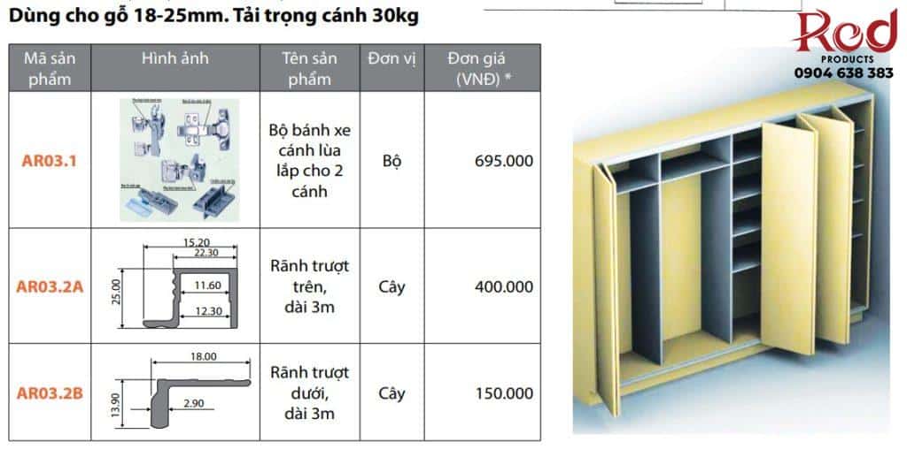 Ray trượt cửa lùa cánh gập Garis GR68 3