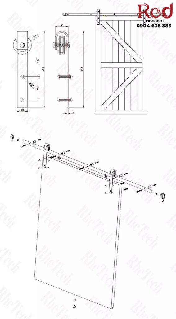 Ray trượt cửa lùa barn door cánh so le bypass RT1199 16