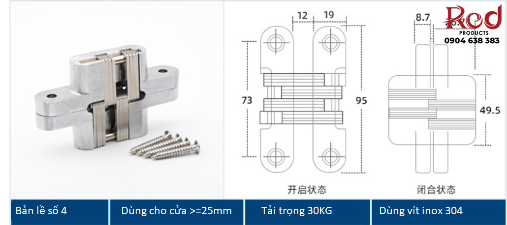 Bản lề chữ thập âm cửa bằng thép không rỉ BTC-HH7/70 8