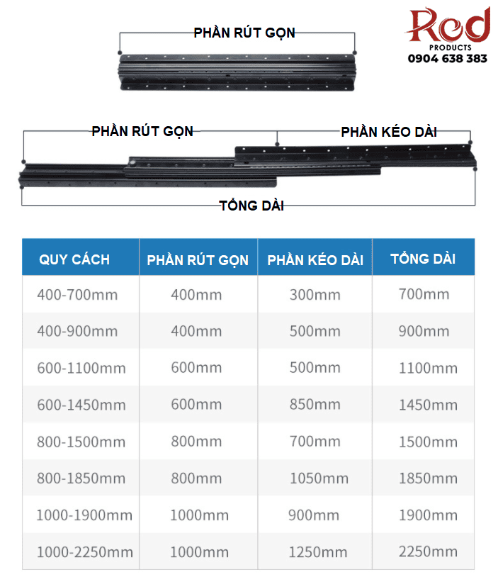 Ray bi 3 tầng kéo dài cho tủ cầu thang GS10-14 10