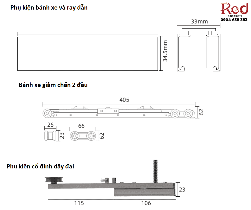 Bộ phụ kiện ray trượt cửa lùa đồng bộ 4 cánh BTC-YG213 7