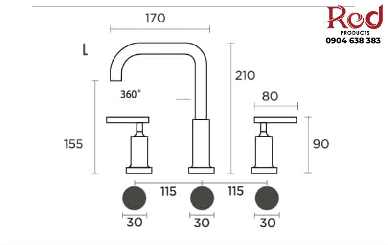 Vòi lavabo nóng lạnh bằng đồng ba lỗ DL7088L 7