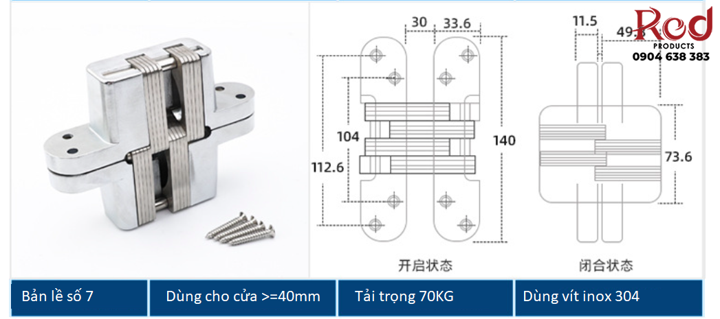 Bản lề chữ thập âm cửa bằng thép không rỉ BTC-HH7/70 11