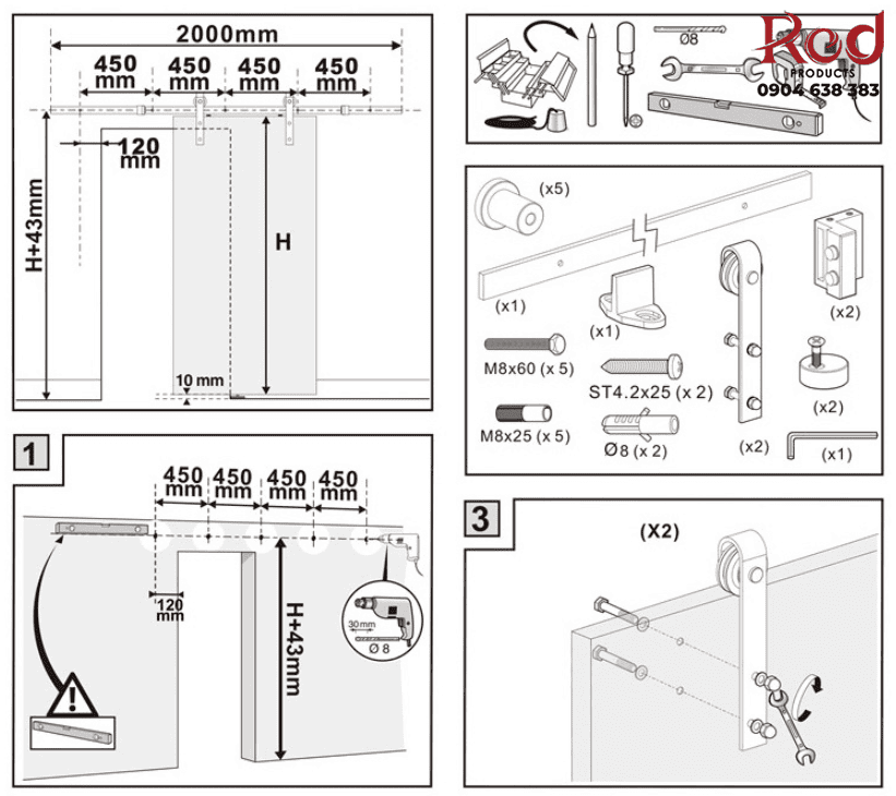 Bộ ray trượt cửa lùa treo kiểu Mỹ nhiều kích thước DFL-GC001 11