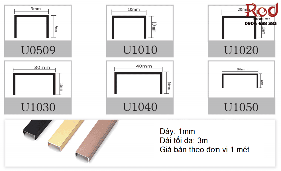 Nẹp nhôm trang trí chữ U nhiều kích thước AL-U0550 4