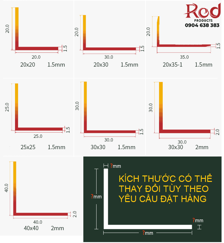 Nẹp đồng trang trí chữ L nhiều màu sắc kích thước ZHT6-48 20