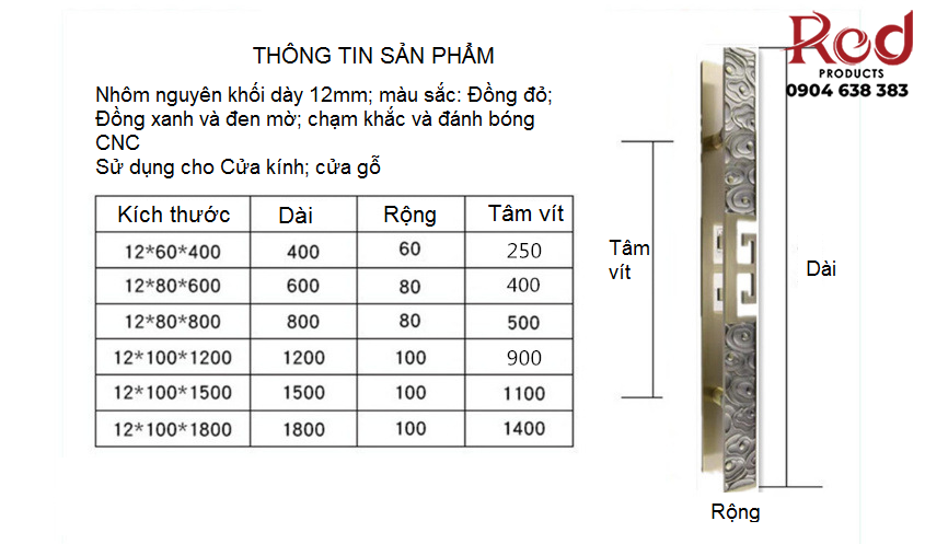 Kich thuoc Tay nắm cửa hợp kim nhôm hoa văn cổ điển