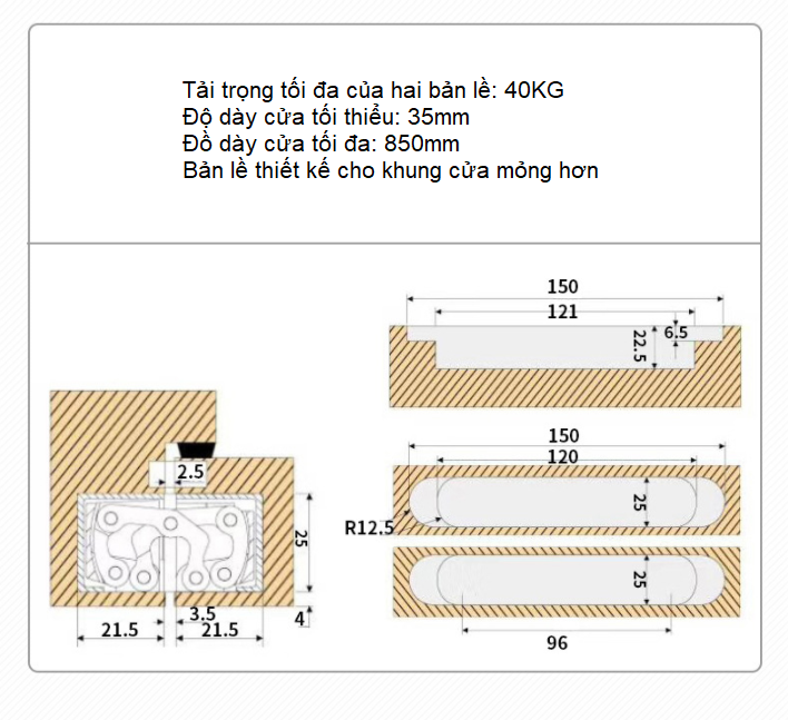 Bản lề âm chữ thập cửa gỗ có điều chỉnh nhiều tải trọng DFL-L030A 22