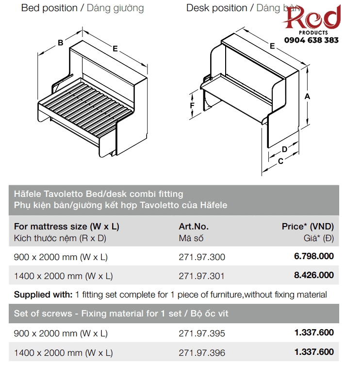 Phụ kiện bàn giường xếp gọn Hafele Tavoletto 3