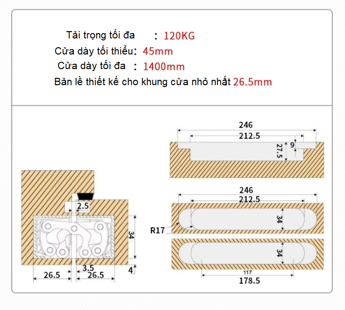 Bản lề âm chữ thập cửa gỗ có điều chỉnh nhiều tải trọng DFL-L030A 26