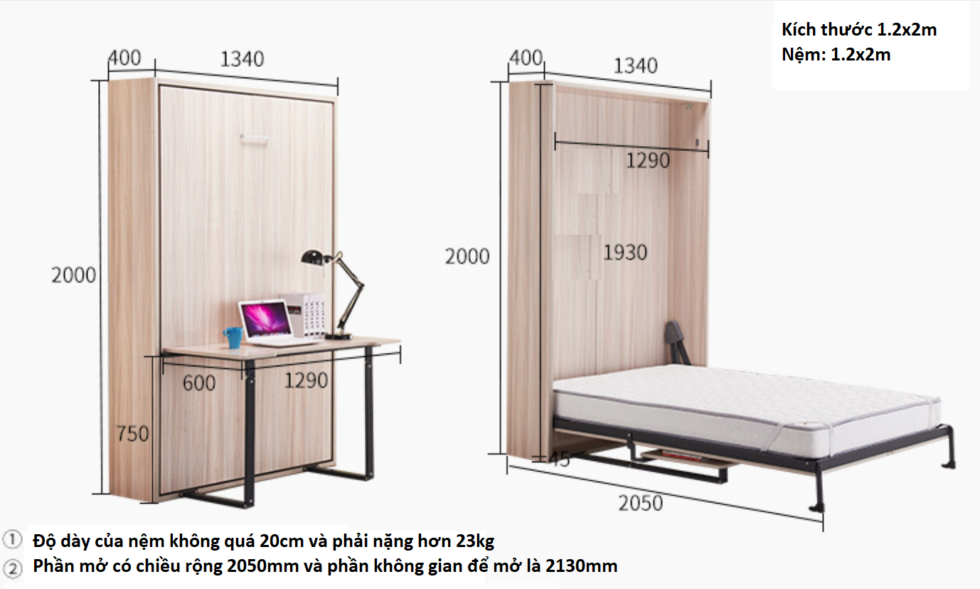 Giường gấp kết hợp bàn làm việc nhiều kích thước BTS-0920 4