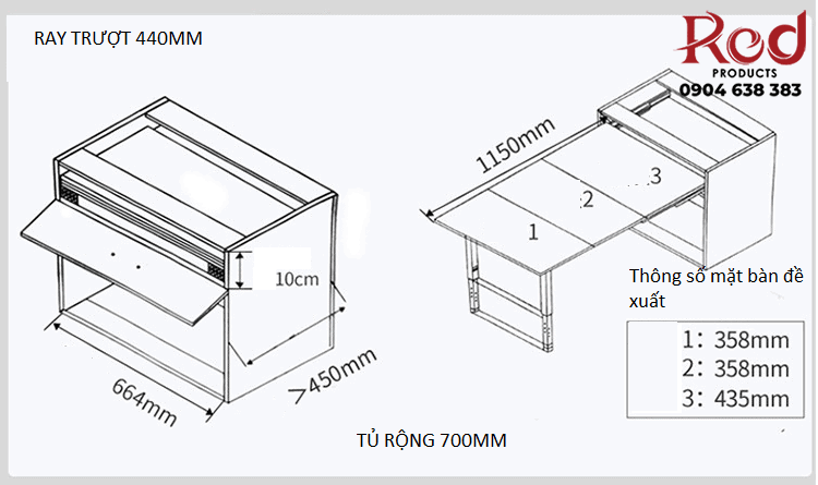 Ray dài 440mm có thể cho bàn dài khi kéo ra đến 1150mm