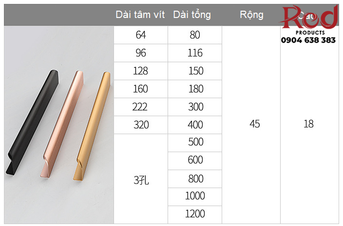 Tay nắm âm hiện đại nhiều màu kích thước dài H623 25