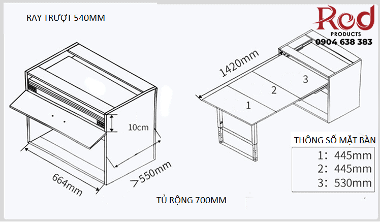 Ray dài 540mm có thể cho bàn dài khi kéo ra đến 1420mm