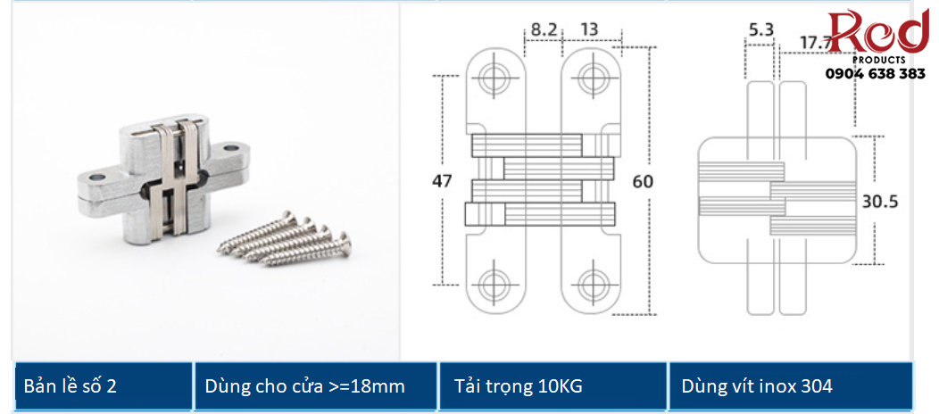 Bản lề chữ thập âm cửa bằng thép không rỉ BTC-HH7/70 6