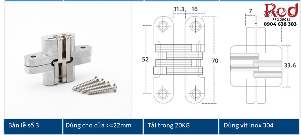 Bản lề chữ thập âm cửa bằng thép không rỉ BTC-HH7/70 7