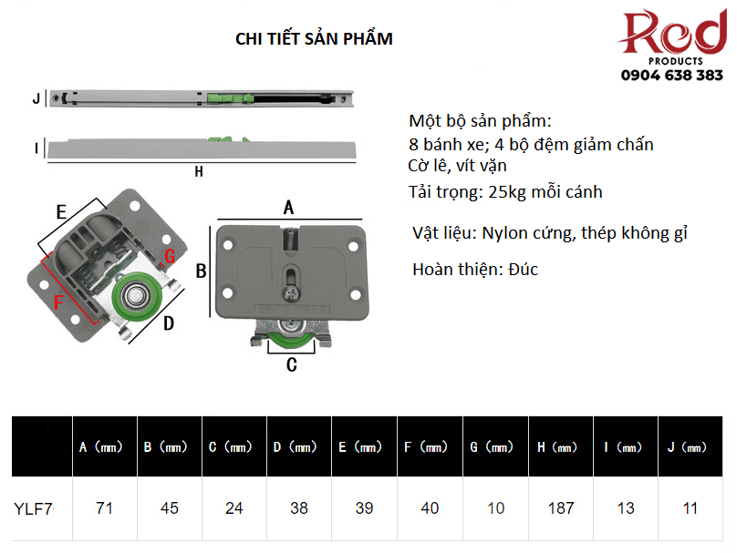 Bộ ray trượt cửa cho 2 cánh lắp âm giảm chấn YLF25