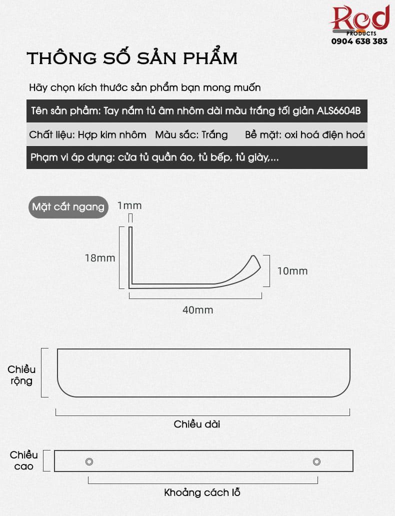Tay nắm tủ âm nhôm dài màu trắng chữ R ALS6604BR 32