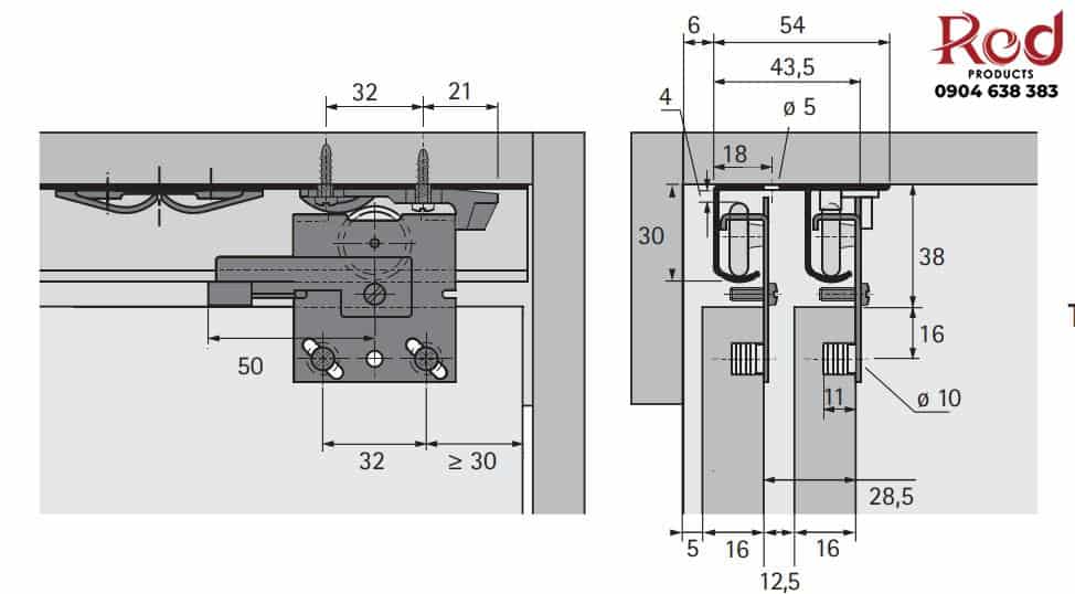 Cửa trượt Topline 27 cho 2 cánh dày 19mm Hettich TLS719-25 1