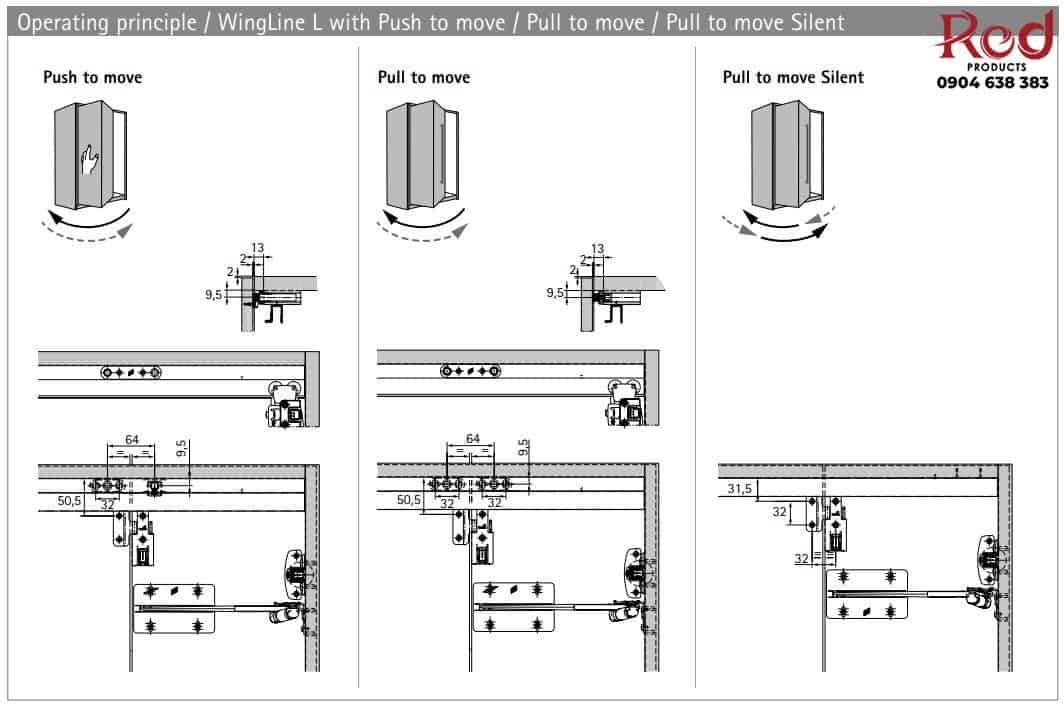 Bộ cửa trượt xếp nhấn mở Wingline L cho 4 cánh Hettich WLPS 25-4 3