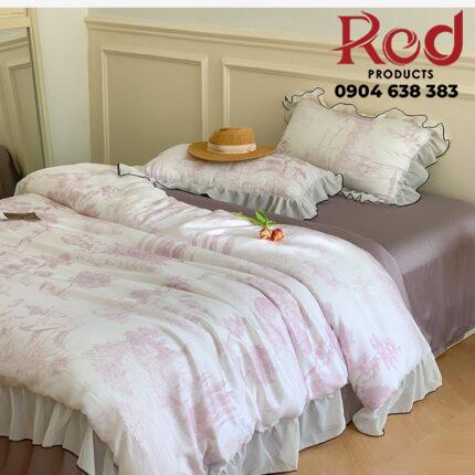 Bộ chăn ga gối Tencel viền lá sen đa màu JJ8922