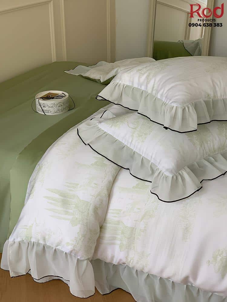Bộ chăn ga gối Tencel viền lá sen đa màu JJ8922 1
