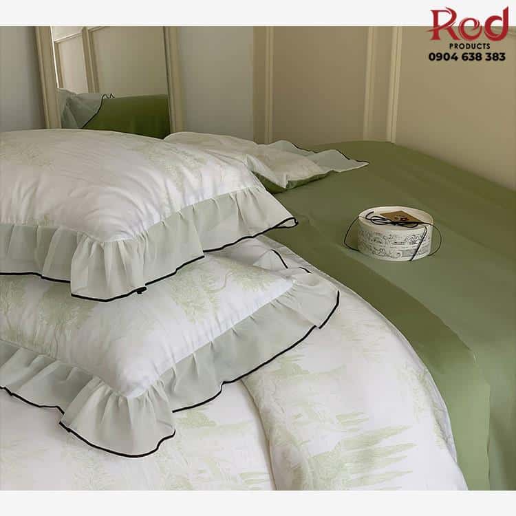 Bộ chăn ga gối Tencel viền lá sen đa màu JJ8922 10