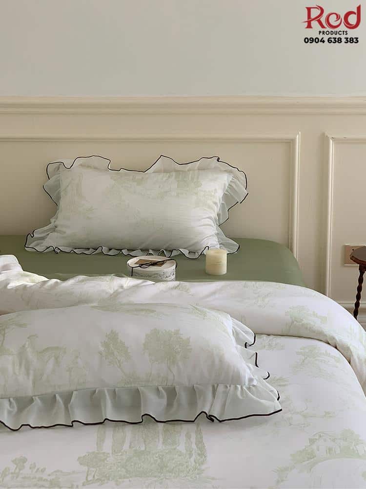 Bộ chăn ga gối Tencel viền lá sen đa màu JJ8922 11