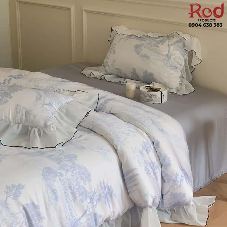 Bộ chăn ga gối Tencel viền lá sen đa màu JJ8922 8