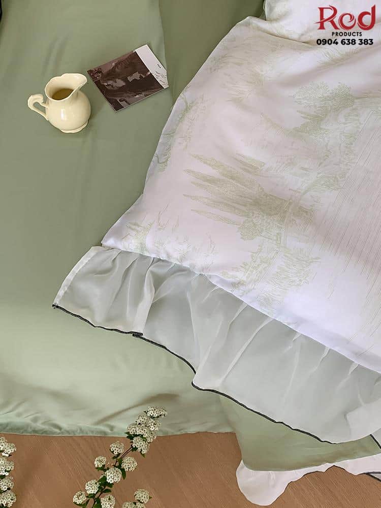 Bộ chăn ga gối Tencel viền lá sen đa màu JJ8922 2