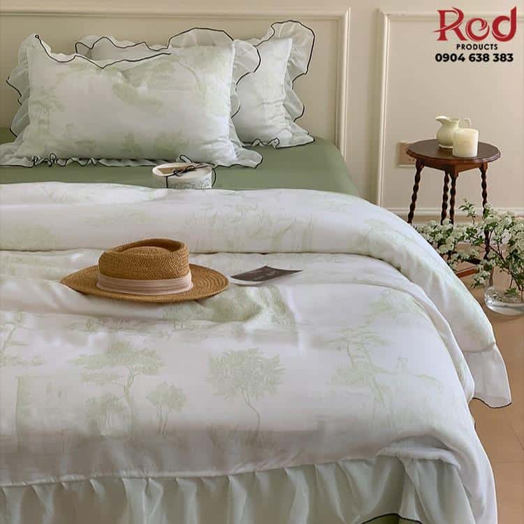 Bộ chăn ga gối Tencel viền lá sen đa màu JJ8922 3