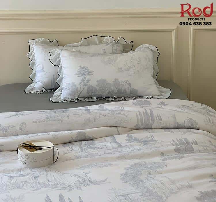 Bộ chăn ga gối Tencel viền lá sen đa màu JJ8922 6
