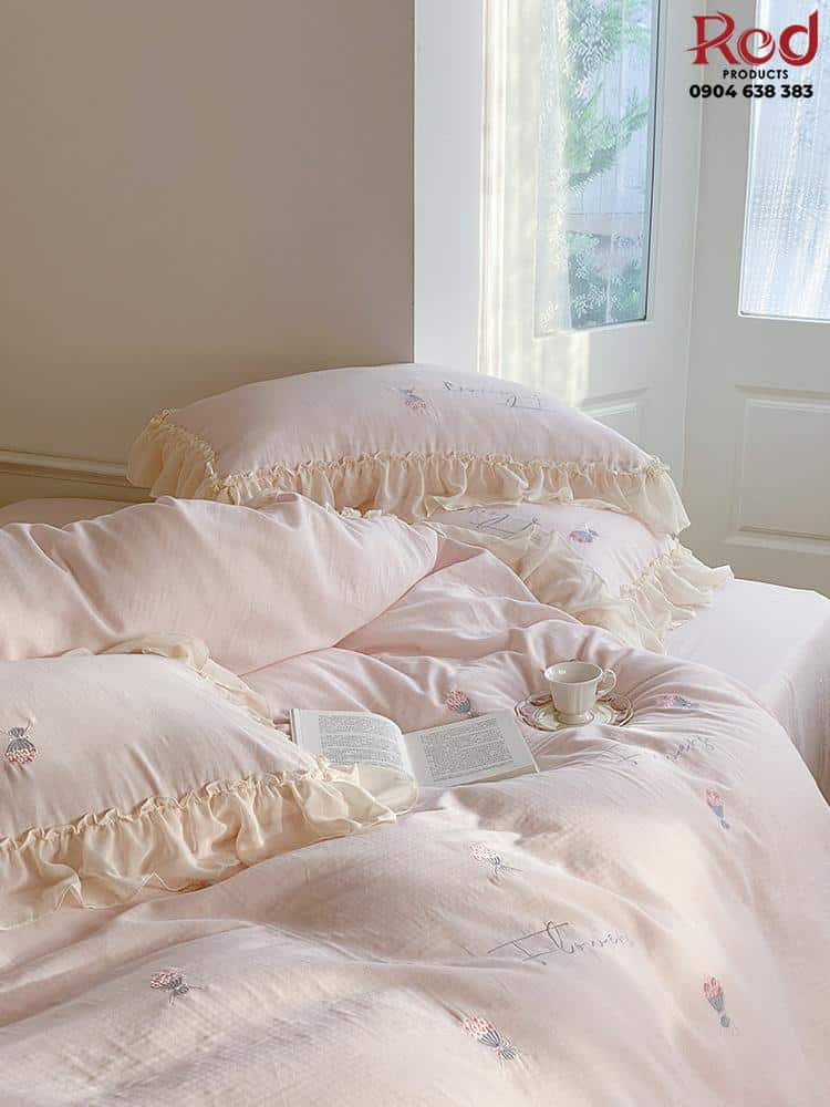 Bộ chăn ga gối viền lá sen phong cách công chúa JJ6074 6