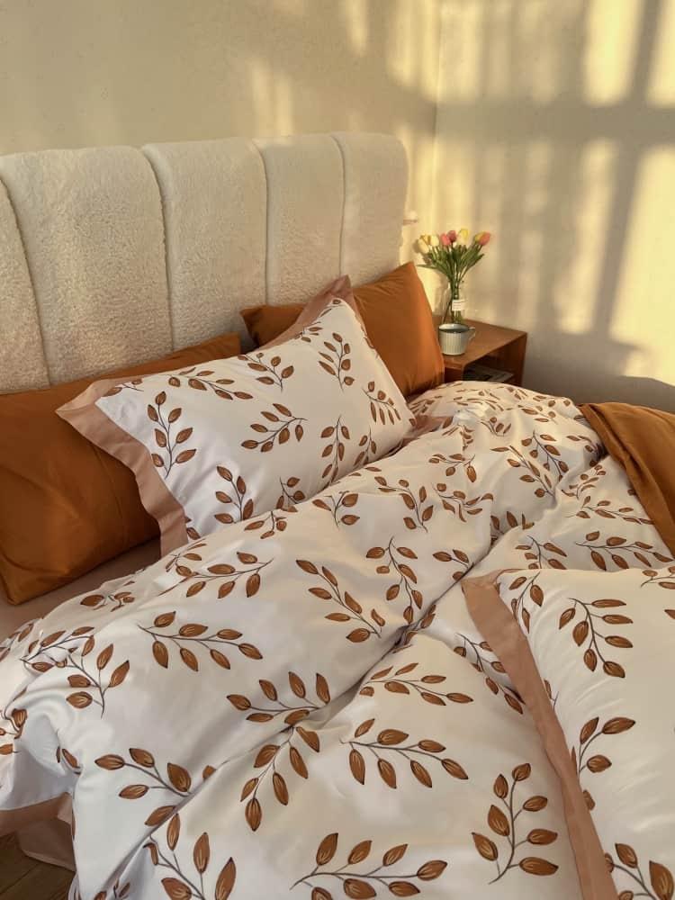 Bộ chăn ga gối Cotton satin lá nâu cao cấp ZH5598 10
