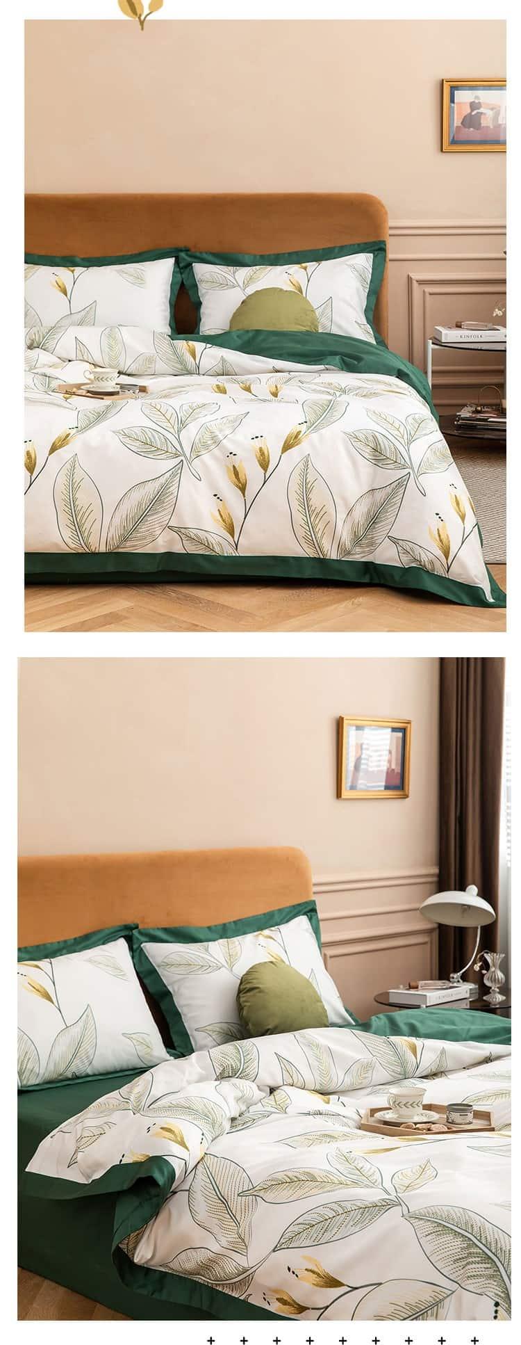 Bộ chăn ga gối họa tiết lá xanh sang trọng MM4486B 8