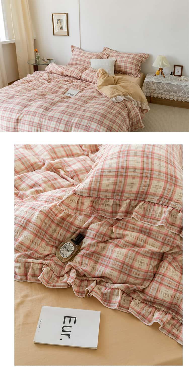 Bộ chăn ga gối phối ren kẻ sọc hai lớp MM0562 11