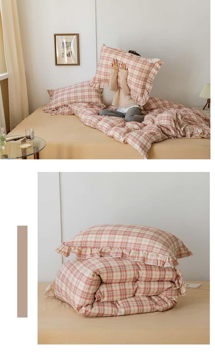 Bộ chăn ga gối phối ren kẻ sọc hai lớp MM0562 10