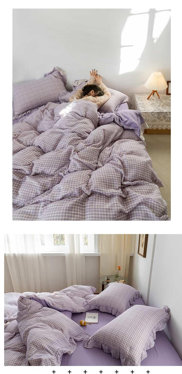 Bộ chăn ga gối phối ren kẻ sọc hai lớp MM0562 5