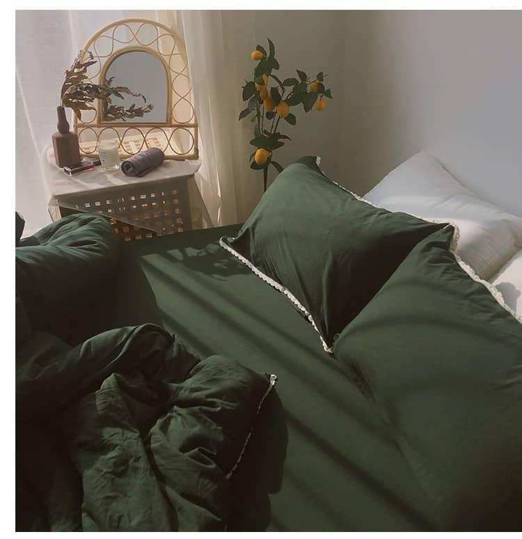 Bộ chăn ga vỏ gối cotton màu xanh rêu MM9344