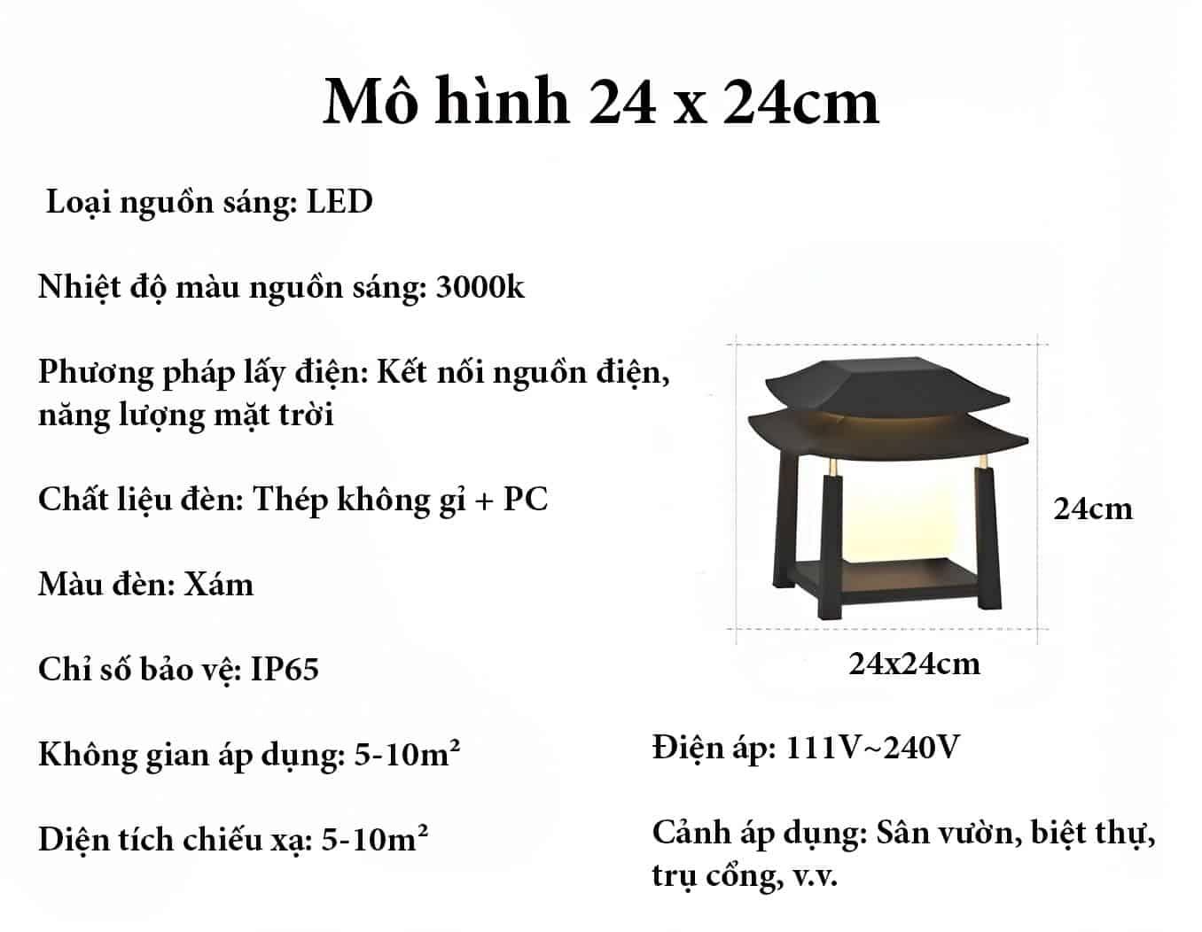 Đèn trụ cổng mô hình tiểu đình năng lượng mặt trời C3037B 20