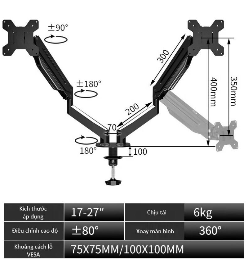 Giá treo 2 màn hình máy tính kẹp bàn ZC6566 12