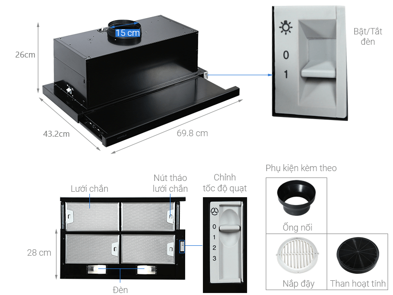 Máy hút mùi âm tủ màu đen HH-SG70A Hafele 533.89.021